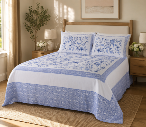 0002ca62-e09e-48ef-a982-179c026de93b Cotton Satin White & Blue Floral Print Design Bedsheet with Matching Pillowcover