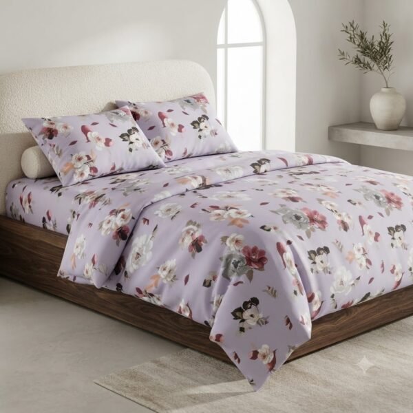 Premium Cotton Percale Light Purple Floral Print Luxury Bedsheet with Pillowcase