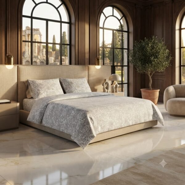 Premium Gray Cotton Satin Leaf Design Bedsheet Set with Pillowcases
