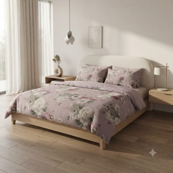Premium Cotton Percale Light Purple Floral Print Luxury Bedsheet with Pillowcase
