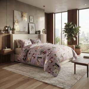 Premium Cotton Percale Light Purple Floral Print Luxury Bedsheet Set with Pillowcase