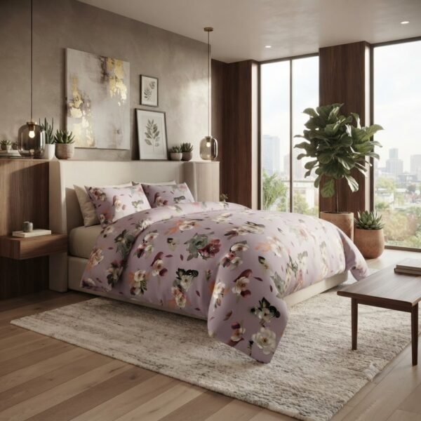 Premium Cotton Percale Light Purple Floral Print Luxury Bedsheet Set with Pillowcase