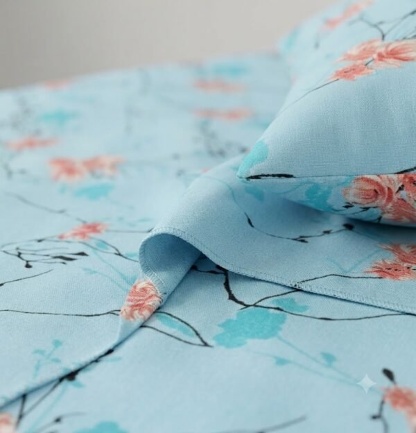 Premium Cotton Satin Blue Floral Print Bedsheet Set with Pillowcase