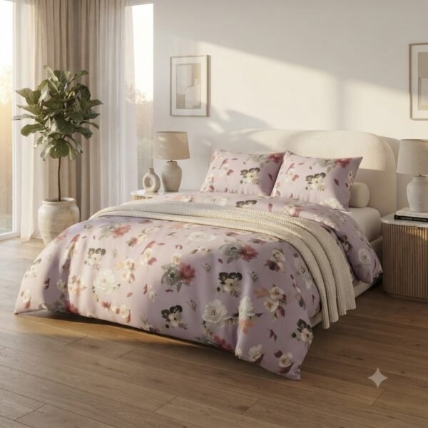 Premium Cotton Percale Light Purple Floral Print Luxury Bedsheet with Pillowcase
