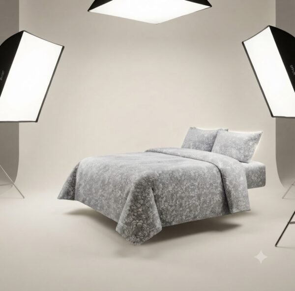 Premium Gray Cotton Satin Leaf Design Bedsheet Set with Pillowcases