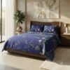 Navy Blue Floral Print Luxury Bedsheet with Pillowcase Premium Cotton Percale