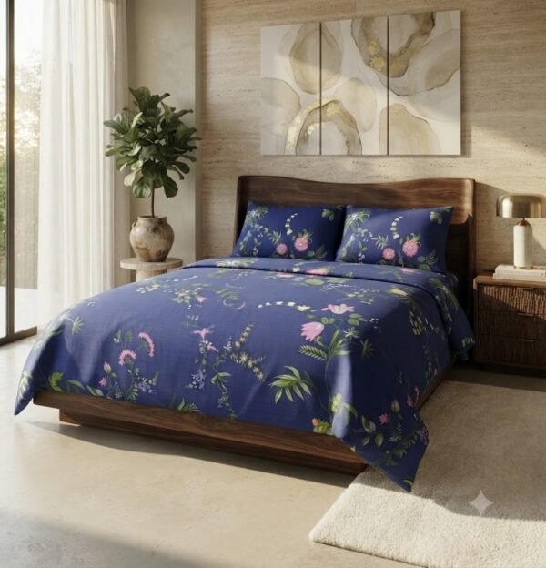 Navy Blue Floral Print Luxury Bedsheet with Pillowcase Premium Cotton Percale