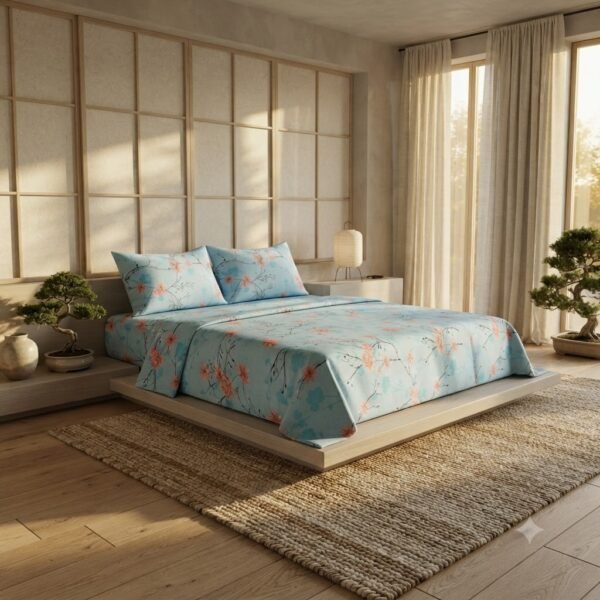 Premium Cotton Satin Blue Floral Print Bedsheet Set with Pillowcase