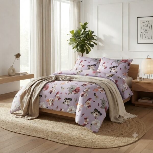 Premium Cotton Percale Light Purple Floral Print Luxury Bedsheet Set with Pillowcase