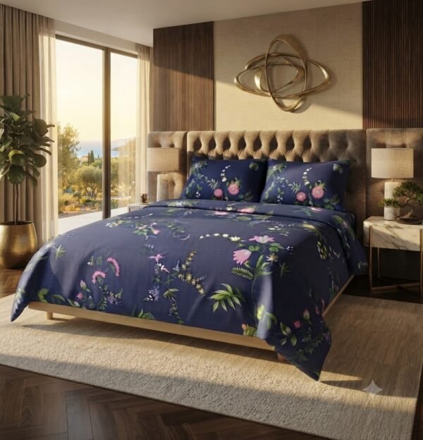 Navy Blue Floral Print Luxury Bedsheet with Pillowcase Premium Cotton Percale