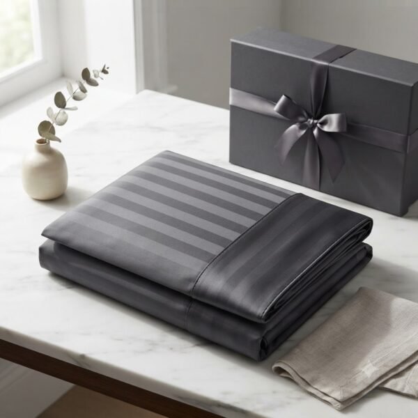 Striped Design Bedsheet with Duvet Cover & Pillowcase Cotton Satin Charcoal Grey