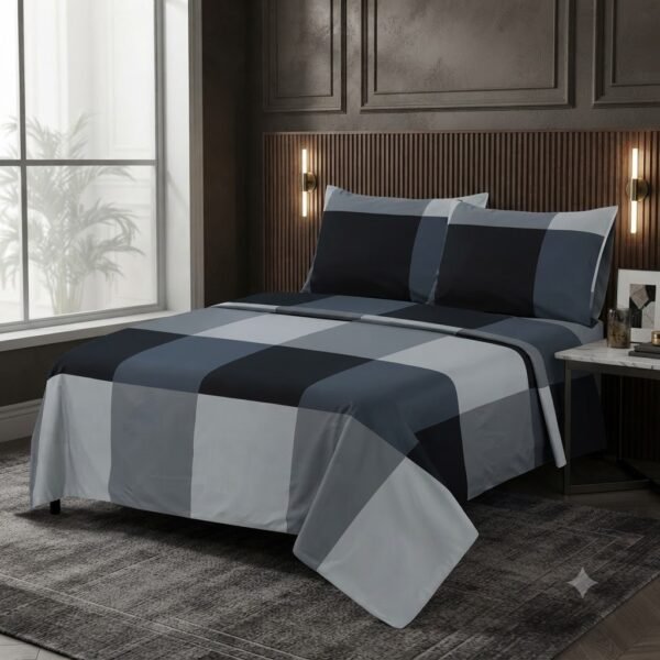 Luxury 100% Cotton Black/Grey Check Pattern Bedding Set with Duvet Cover & Pillowcases