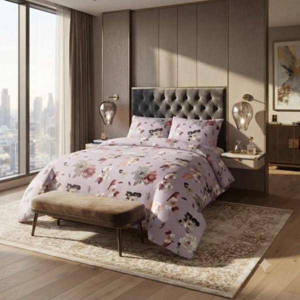 Premium Cotton Percale Light Purple Floral Print Luxury Bedsheet Set with Pillowcase