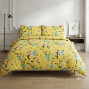 Premium Cotton Satin Double Yellow Floral Print Design Bedsheet with Pillowcase