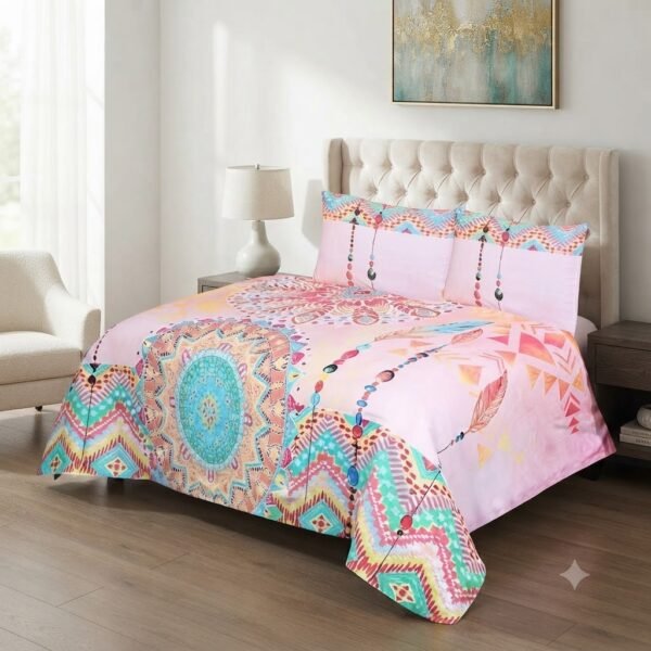 Premium Cotton Satin Multicoloured Printed Pearl Design Bedsheet with Pillowcase