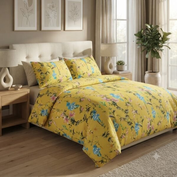 Premium Cotton Satin Double Yellow Floral Print Design Bedsheet with Pillowcase