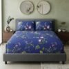 Navy Blue Floral Print Luxury Bedsheet with Pillowcase Premium Cotton Percale