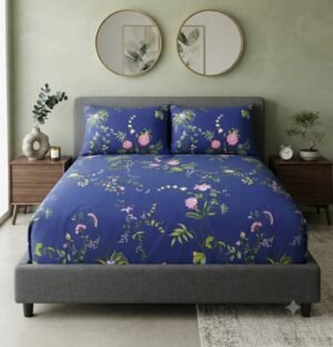 Navy Blue Floral Print Luxury Bedsheet with Pillowcase Premium Cotton Percale