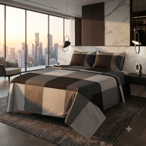 Luxury 100% Cotton Black/Grey Check Pattern Bedding Set with Duvet Cover & Pillowcases