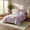 Premium Cotton Percale Light Purple Floral Print Luxury Bedsheet Set with Pillowcase