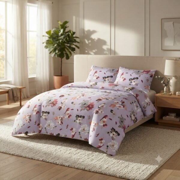 Premium Cotton Percale Light Purple Floral Print Luxury Bedsheet Set with Pillowcase