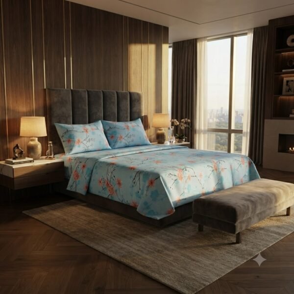 Premium Cotton Satin Blue Floral Print Bedsheet Set with Pillowcase