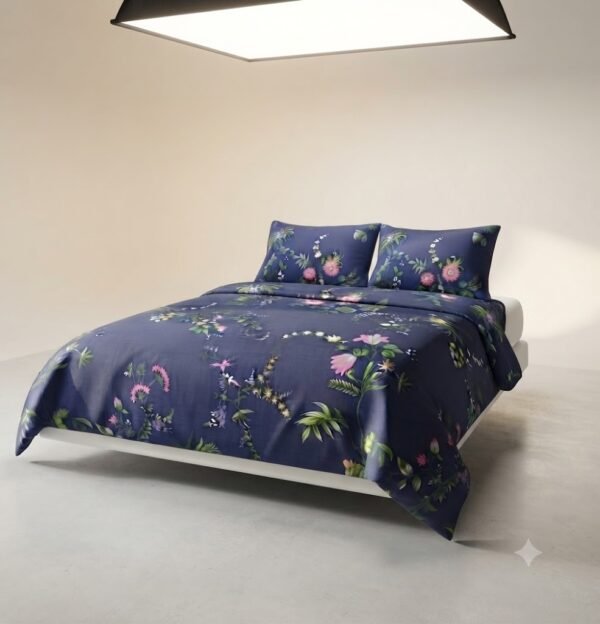 Navy Blue Floral Print Luxury Bedsheet with Pillowcase Premium Cotton Percale