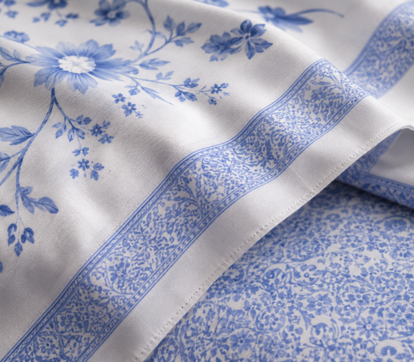 ChatGPT Image Jul 15, 2026, 01_16_07 AM Cotton Satin White & Blue Floral Print Design Bedsheet with Matching Pillowcover