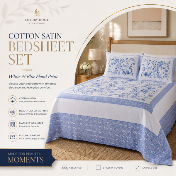 ChatGPT Image Jul 15, 2026, 01_24_12 AM Cotton Satin White & Blue Floral Print Design Bedsheet with Matching Pillowcover
