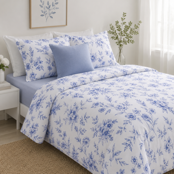 ChatGPT Image Jul 15, 2026, 01_40_56 AM Cotton Satin White & Blue Floral Print Design Bedsheet with Matching Pillowcover