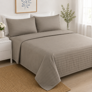 Luxury Cotton Satin Brown Striped Design Bedsheet with Duvet Cover & Pillowcases