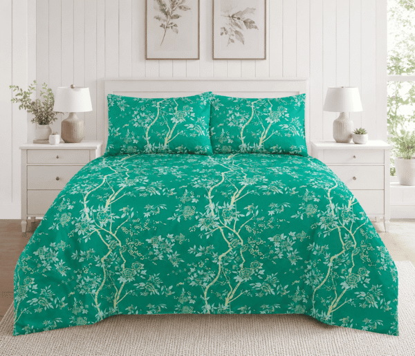 Premium Cotton Percale Dark Green Floral Bed Sheet Set