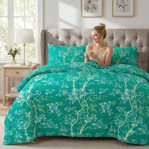 Premium Cotton Percale Dark Green Elegant Floral Design Bedsheet with Pillowcase