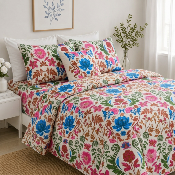 Gemini_Generated_Image_6bnv9w6bnv9w6bnv Premium Finest Cotton Percale Multicolour Floral Print Bedsheet with Pillow Case