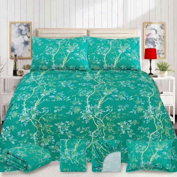 Premium Cotton Percale Dark Green Elegant Floral Design Bedsheet with Pillowcase