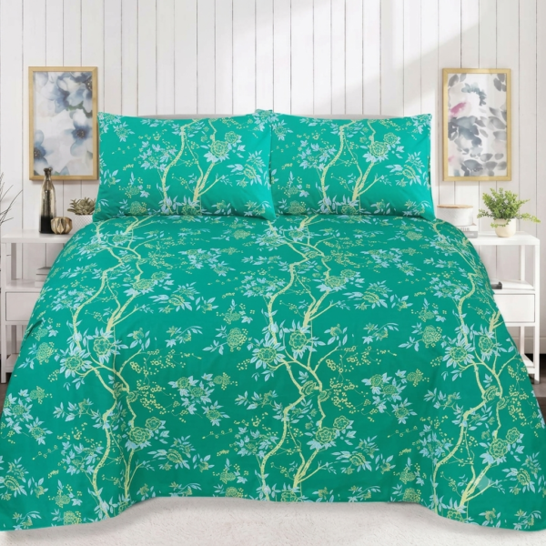 Premium Cotton Percale Dark Green Elegant Floral Design Bedsheet with Pillowcase