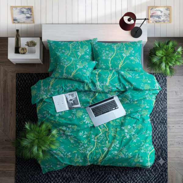 Premium Cotton Percale Dark Green Elegant Floral Design Bedsheet with Pillowcase