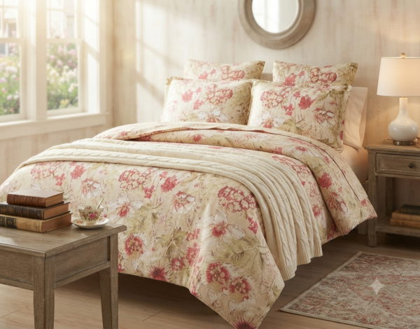 Premium Cotton Satin Cream Color Floral Print Luxury Bedsheet with Pillow Case