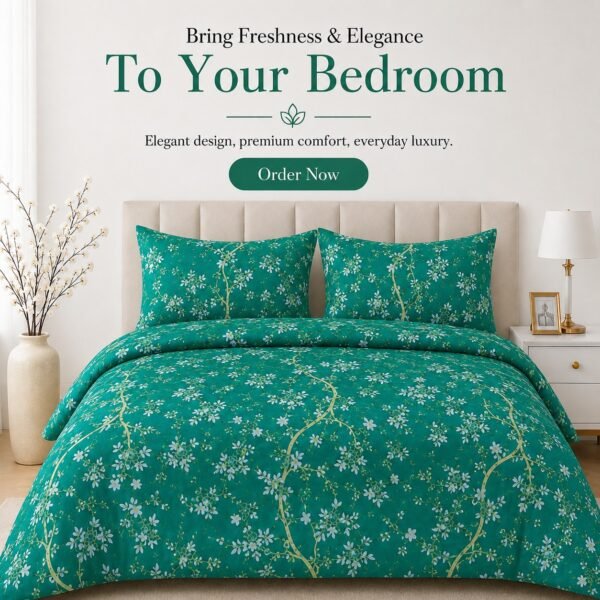 Dark Green Floral Double Extra Long Bed Sheet Set – Premium Cotton Percale Luxury Botanical 3-Piece Bedding with Pillowcases
