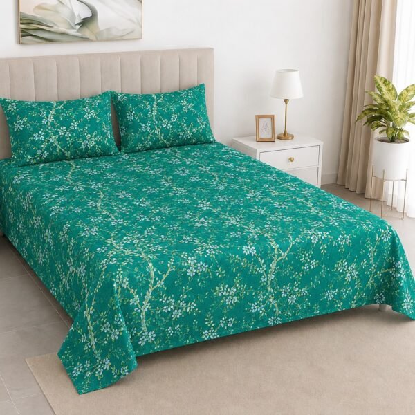 Dark Green Floral Double Extra Long Bed Sheet Set – Premium Cotton Percale Luxury Botanical 3-Piece Bedding with Pillowcases
