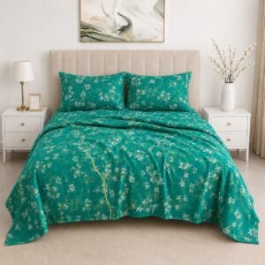 Dark Green Floral Double Extra Long Bed Sheet Set – Premium Cotton Percale Luxury Botanical 3-Piece Bedding with Pillowcases