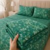 Dark Green Floral Double Extra Long Bed Sheet Set – Premium Cotton Percale Luxury Botanical 3-Piece Bedding with Pillowcases