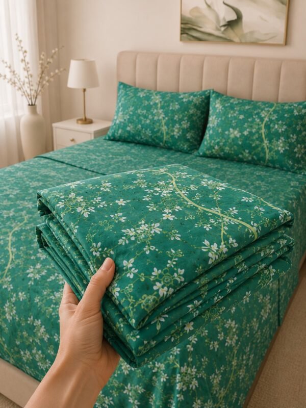 Dark Green Floral Double Extra Long Bed Sheet Set – Premium Cotton Percale Luxury Botanical 3-Piece Bedding with Pillowcases