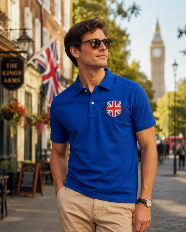 Men's Classic Fit Polo Shirt with UK Flag Crest Embroidery – Casual Short Sleeve Cotton Top in Black & Royal Blue