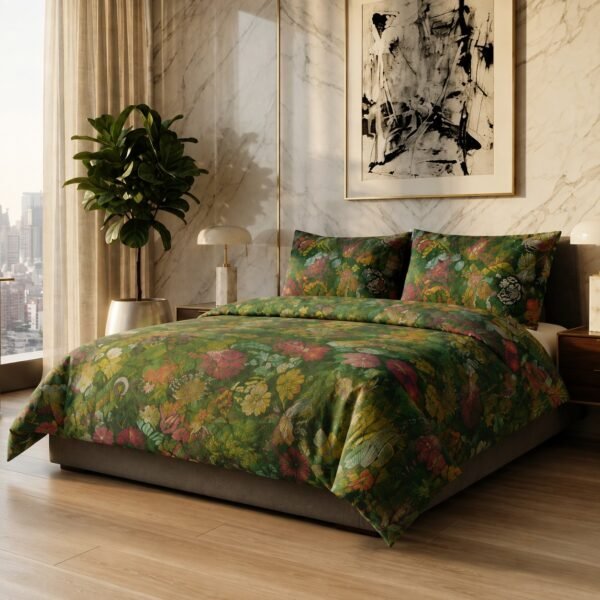 Angle view of double bed styled with green floral cotton bedspread set in a modern bedroom