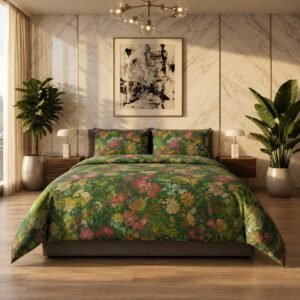 Green Floral Chinoiserie Bedspread Double Front View Front view of double bed dressed in rich green floral cotton bedspread set with pillow shams