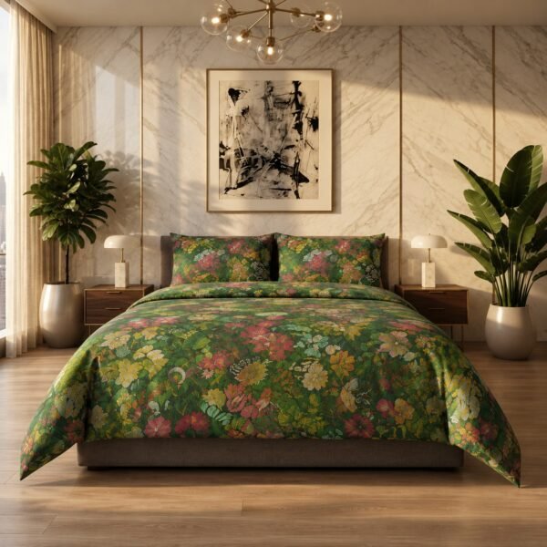 Front view of double bed dressed in rich green floral cotton bedspread set with pillow shams