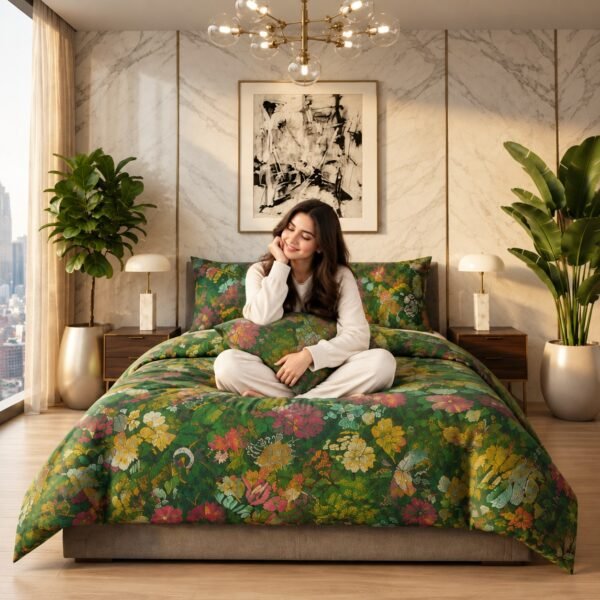 Woman sitting cross-legged on a double bed dressed in a green floral cotton bedsheet set