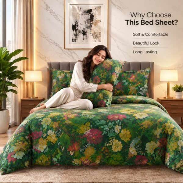 Woman hugging pillow on double bed with green floral bedsheet set and benefit text overlay