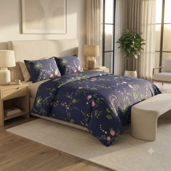 Premium Cotton Percale Navy Blue Floral Print Luxury Bedsheet with Pillowcase